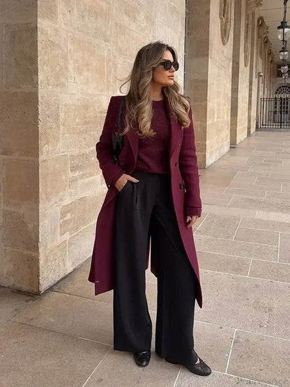 Burgundy Lapel Woolen Double-Breasted Overcoat