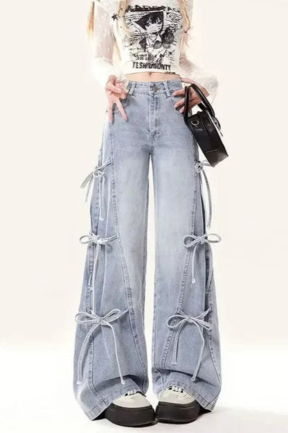 Vintage Bow Bandage Wide Leg Jeans