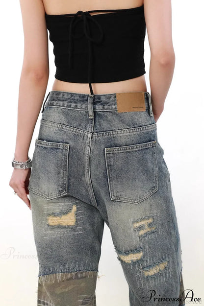 Camouflage Patchwork Distressed Wide Jeans