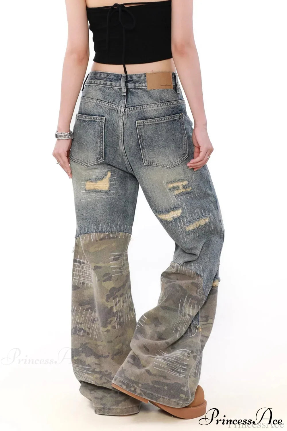 Camouflage Patchwork Distressed Wide Jeans