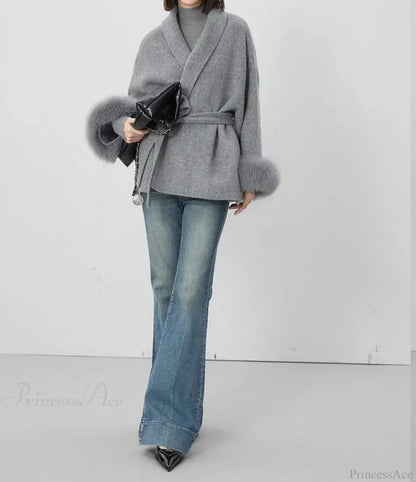Cashmere Coat With Fur Cuffs Fox Fur Overcoat