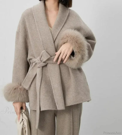 Cashmere Coat With Fur Cuffs Fox Fur Overcoat
