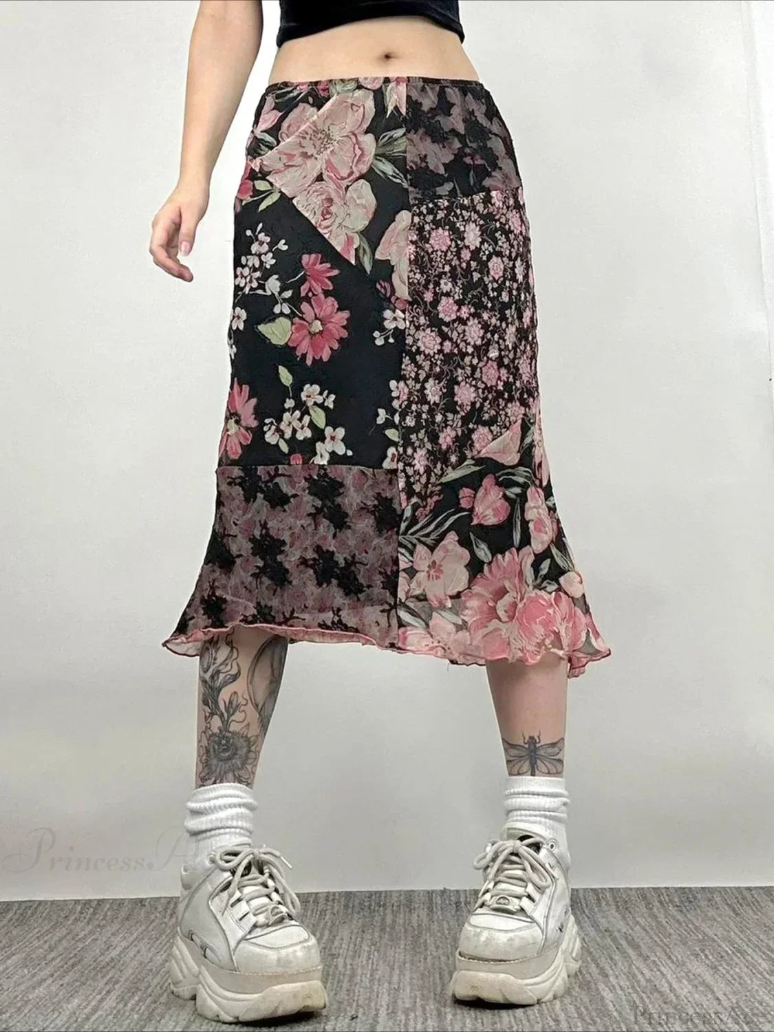 Casual Patchwork Floral Straight Slim Mid-Waisted Maxi Skirt Streetwear