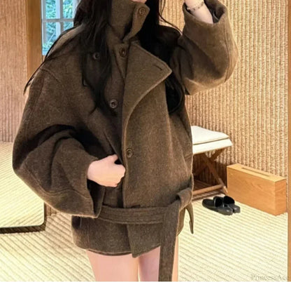 Casual Wool Lace-Up Stand Collar Overcoat