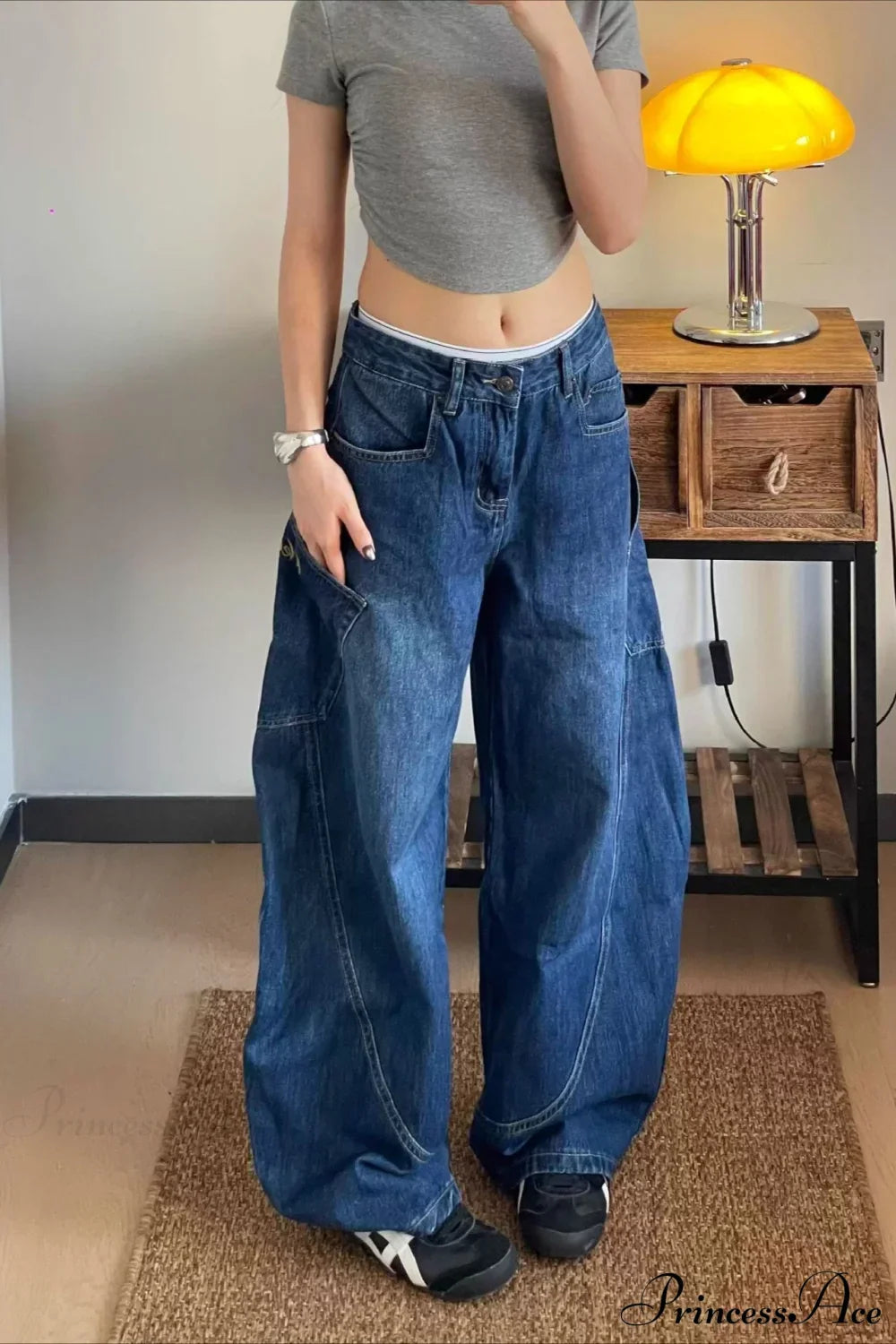 Curved Denim High Waist Loose Cargo Pants