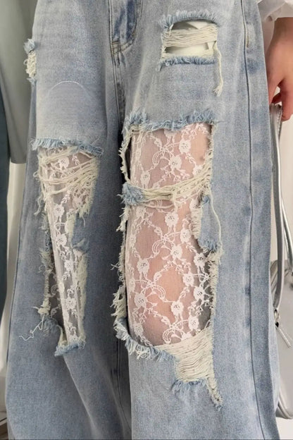 Lace Patchwork Ripped Loose Jeans
