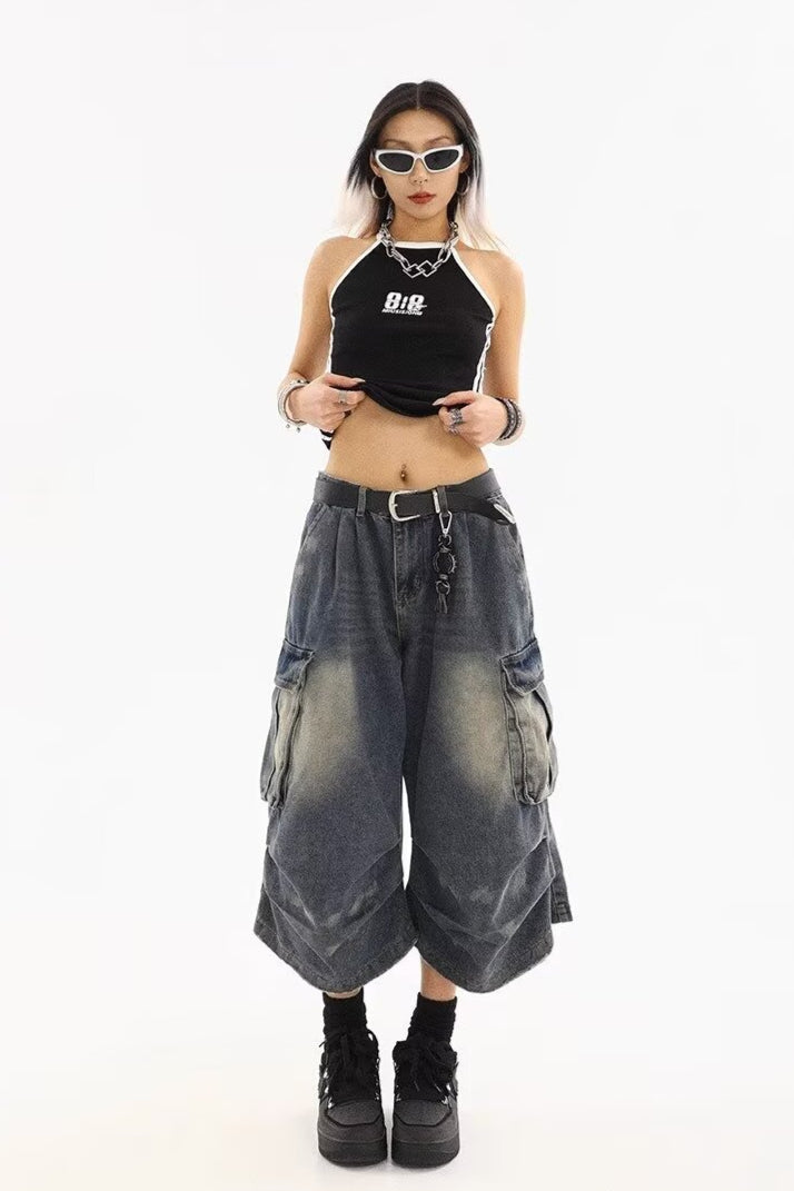 Vintage Washed Workwear Cropped Jeans
