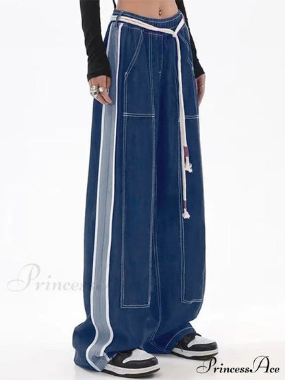 Dark Wash Belted Trendy Baggy Boyfriend Jeans