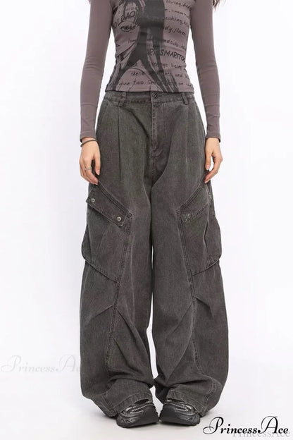Denim Large Pocket Wide-Leg Cargo Pants