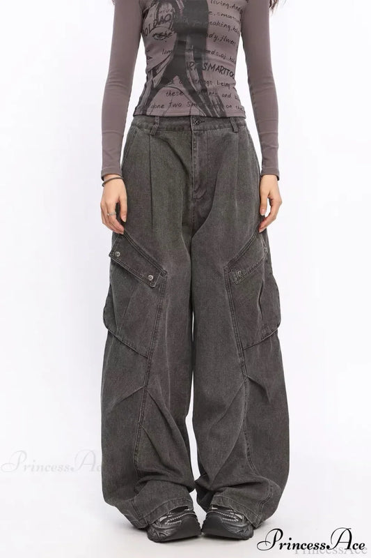 Denim Large Pocket Wide-Leg Cargo Pants