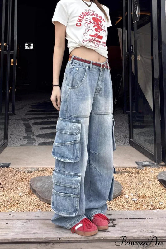 Denim Loose Multi-Pocket Wide Leg Cargo Pants