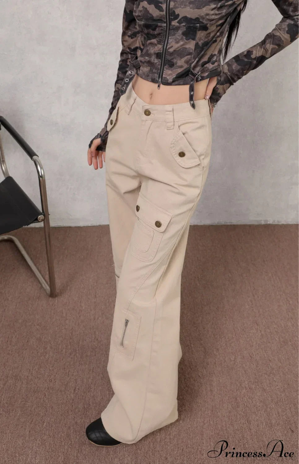 Denim Multi-Pocket High Waist Flared Cargo Pants