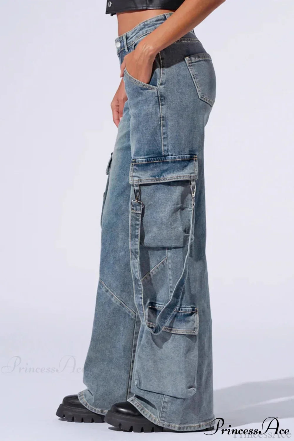 Denim Multi-Pocket Wide-Leg Cargo Pants