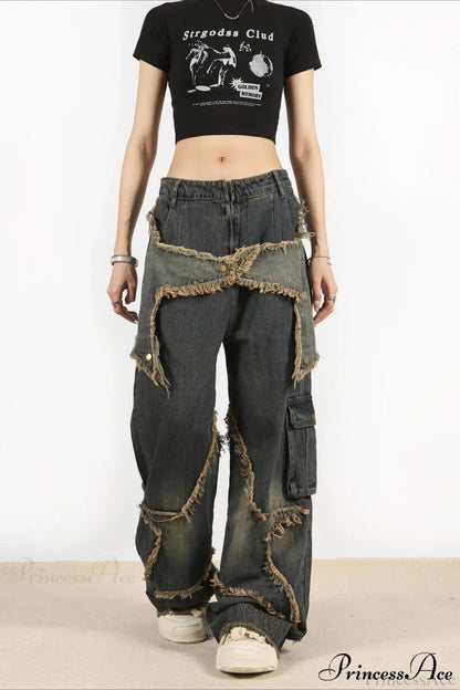 Distressed Frayed Star Straight Leg Hip Hop Jeans