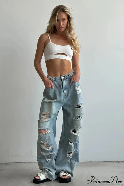Distressed Washed Floor Length Street Jeans