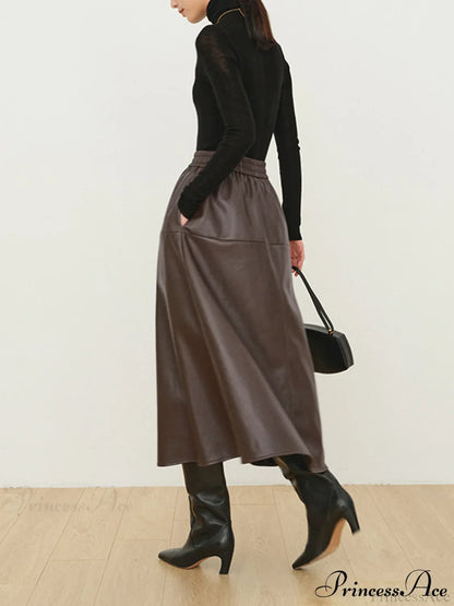 Double Pockets Graceful Leather Maxi Skirt