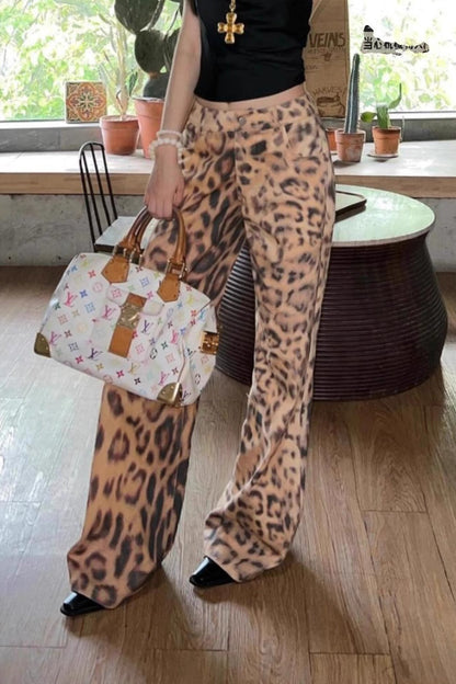 Leopard Print Low Rise Wide Leg Jeans