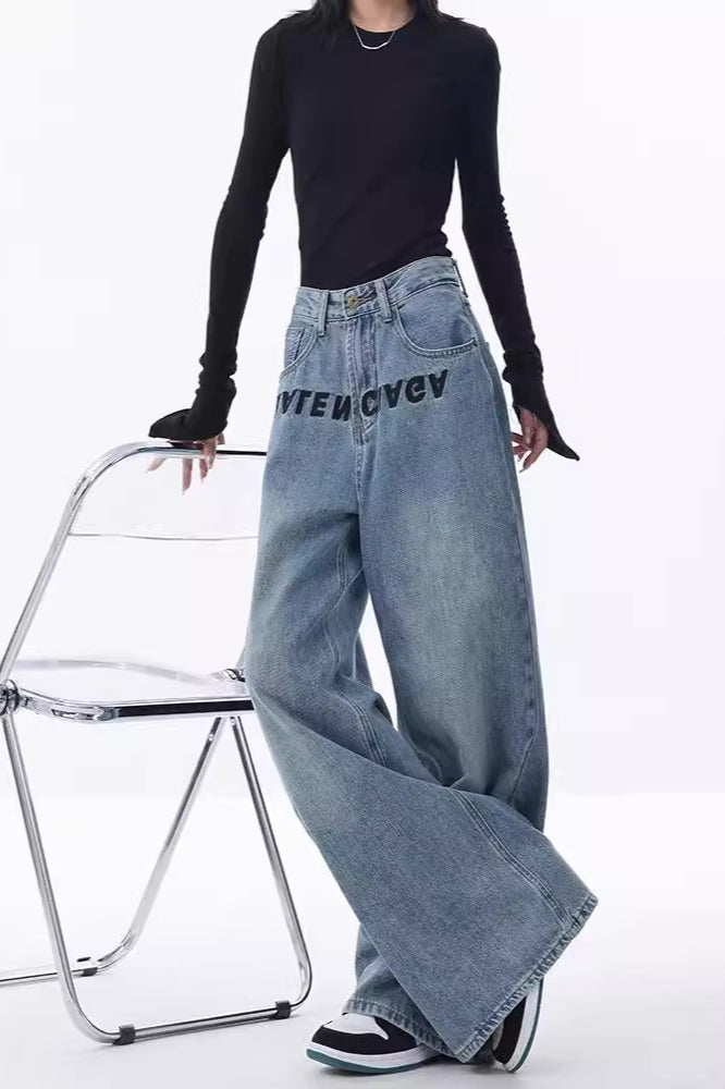 High Rise Embroidered Wide Leg Jeans