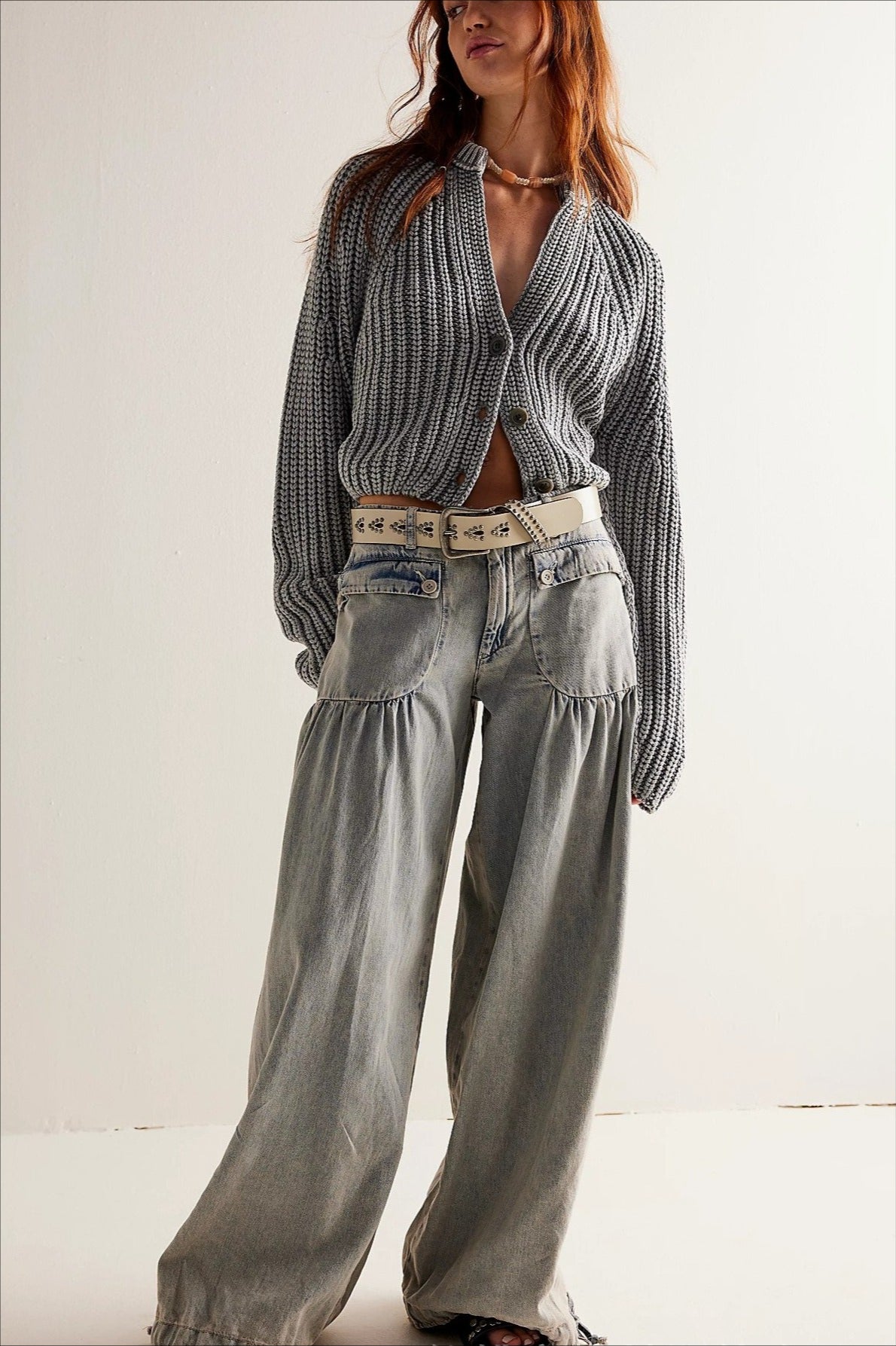 Ruched Mid Rise Wide Leg Jeans