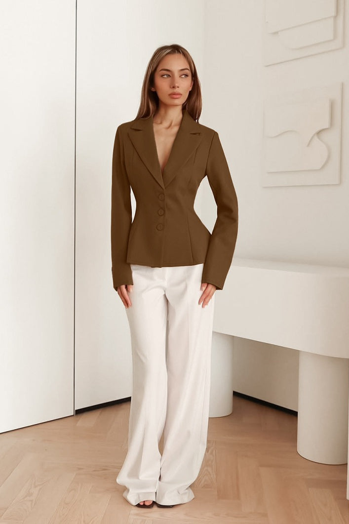 Fitted Waist V-Neck Padded Shoulder Long Sleeve Blazer