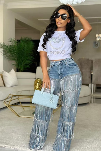 Sequin Fringe Straight Leg Jeans