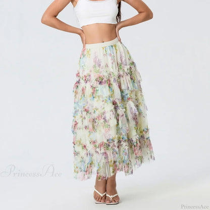 Early Fall Floral Print Ruffle Mesh Skirt Women A-line Midi
