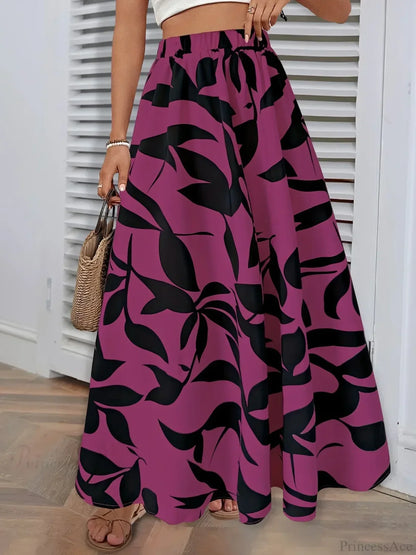 Elastic Waist Flowers Printed Women's A-line Skirt Summer Elegant
