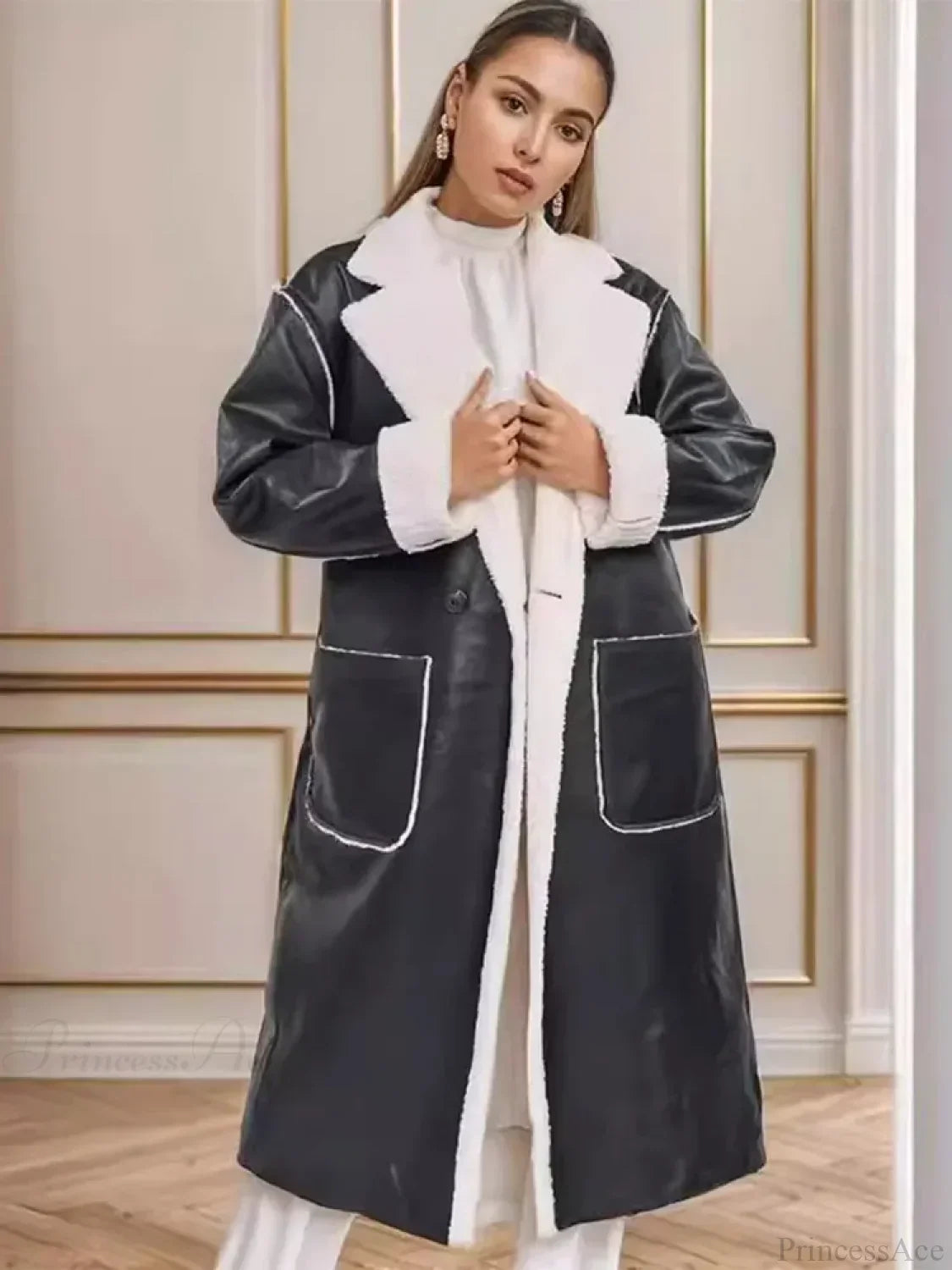 Elegant Lamb Wool PU Leather Belted Overcoat
