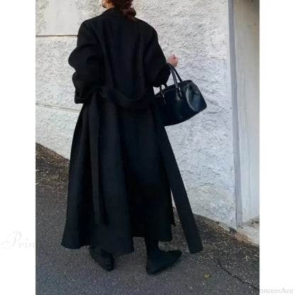 Elegant Woolen Belted Long Overcoat