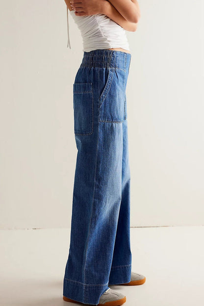 Elastic Waist Mid Rise Ruched Loose Wide Leg Jeans