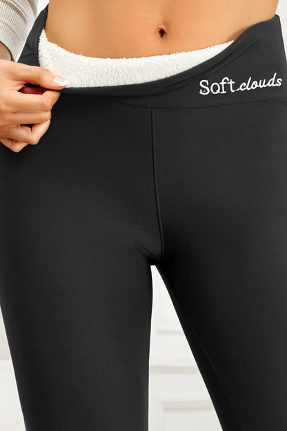 High-Waisted Sherpa Fleece Slim Fit Letter Embroidery Leggings