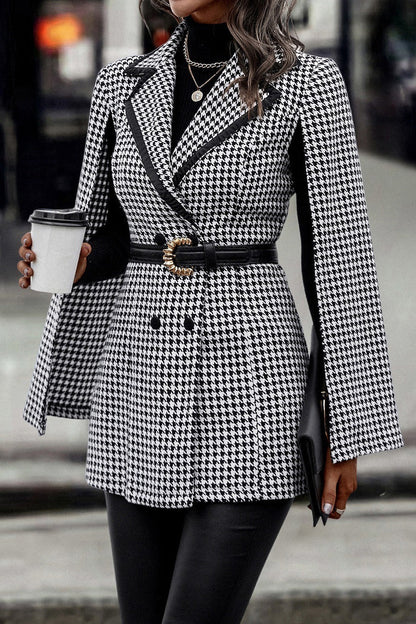 Tweed-style Houndstooth Split Long Sleeve Chic Blazer