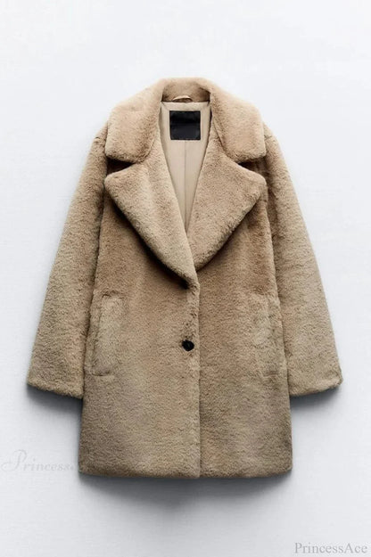 Faux Fur Lapel Long Sleeve Warm Overcoat