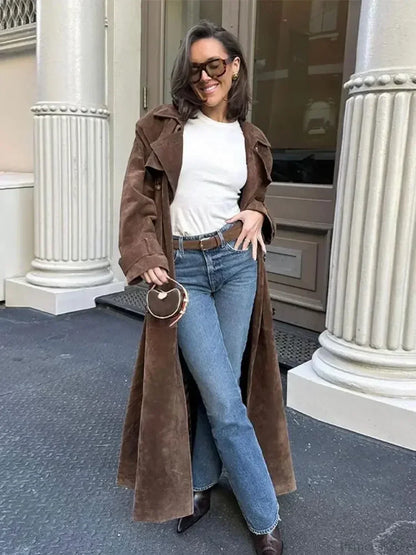 Faux Leather Lapel Double-Breasted Overcoat
