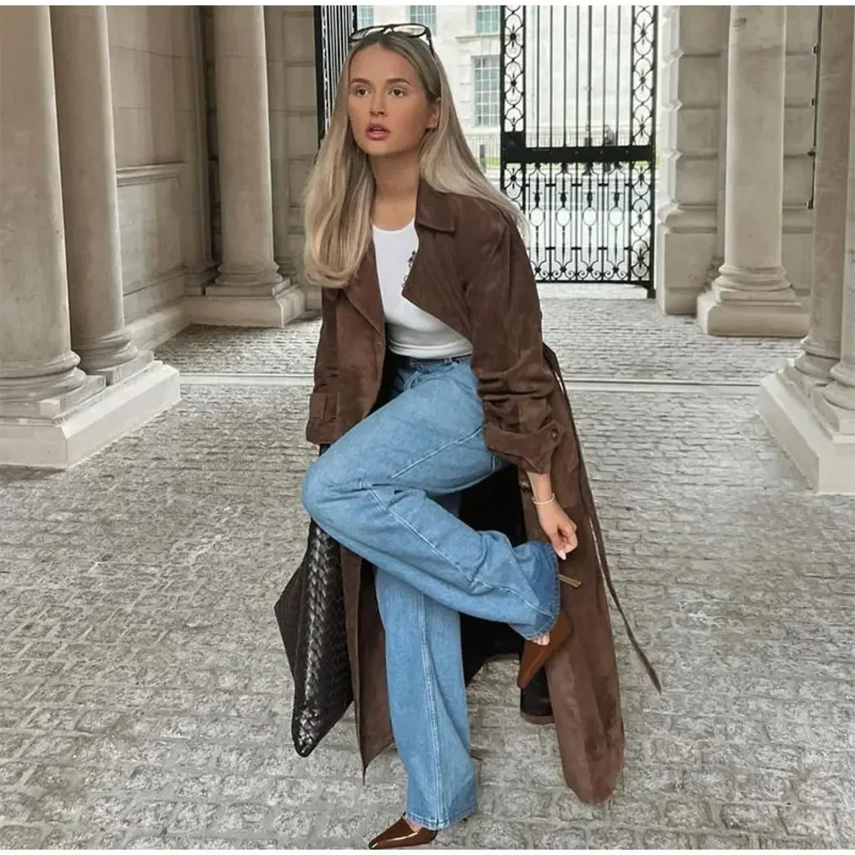 Faux Leather Lapel Double-Breasted Overcoat