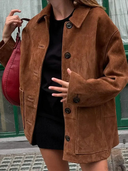 Faux Leather Lapel Double-Breasted Overcoat