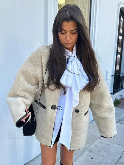 Faux Wool Loose Retro O-neck Overcoat