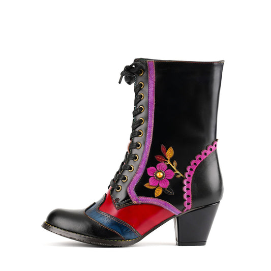 Vintage Crimson Bloom Ankle Boots