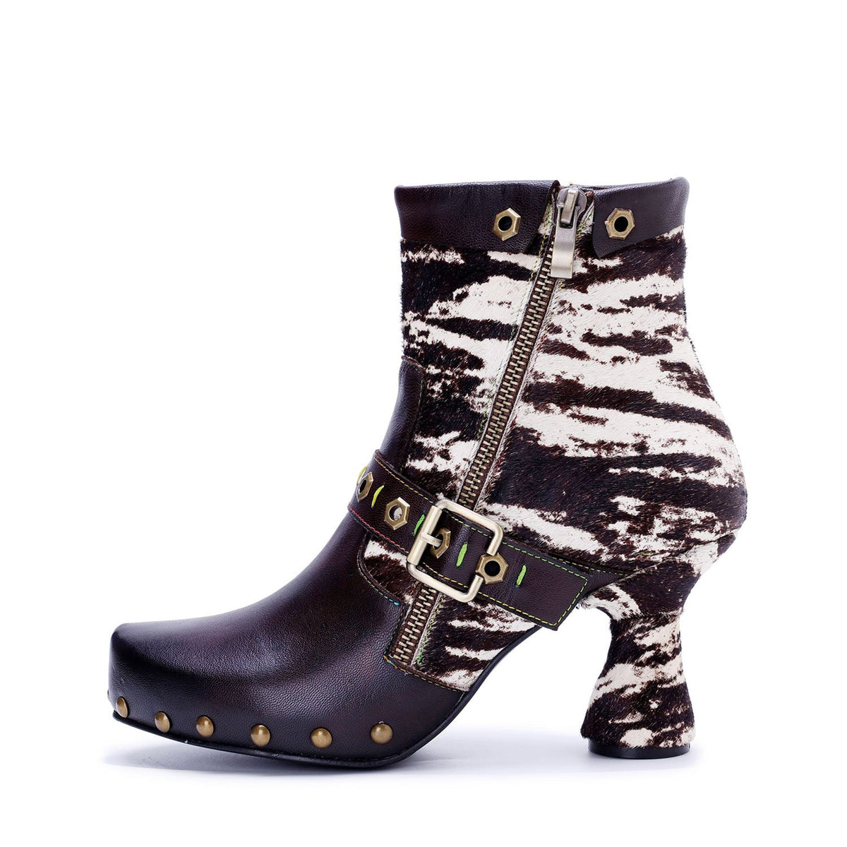 Retro Handmade Fur & Leather Patchwork Buckle Ankle Boots