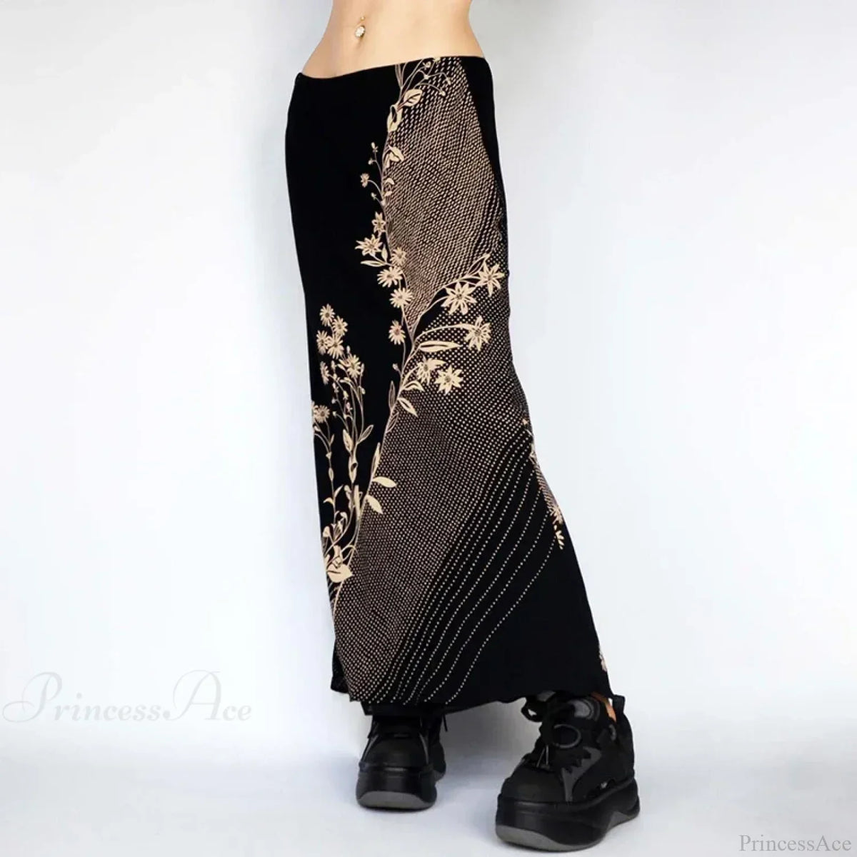 Floral Print Long Retro Low Rise Straight Midi Skirt