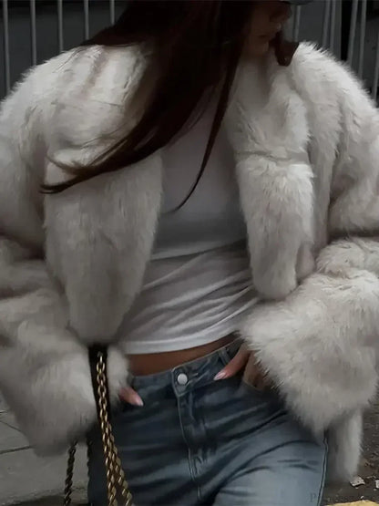 Fluffy Faux Fur Lapel Short Overcoat