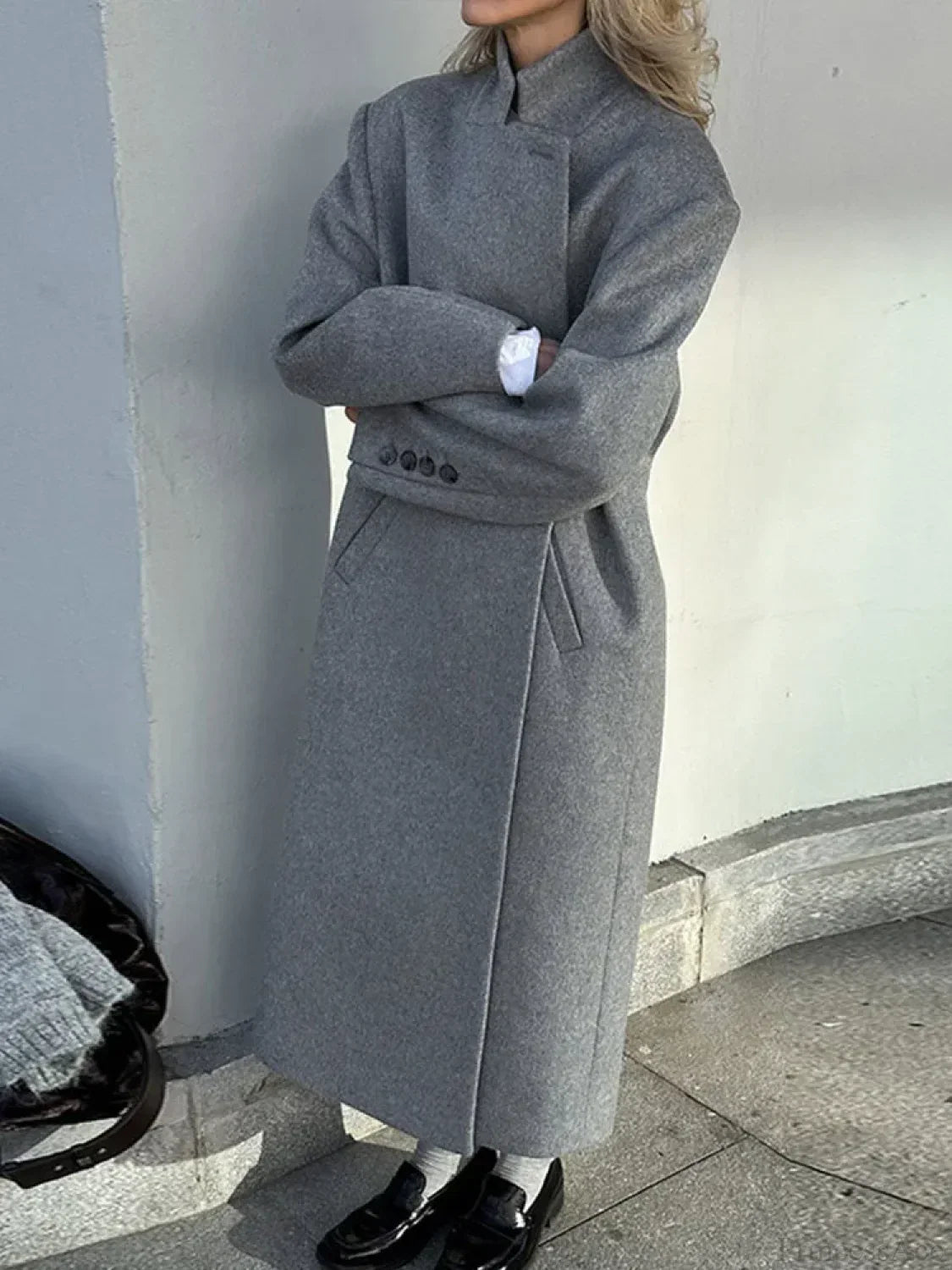 Gray Casual Wool Notched Button Up Overcoat