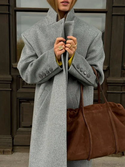 Gray Casual Wool Notched Button Up Overcoat