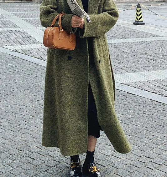 Green Wool Lapel Double-Breasted Overcoat