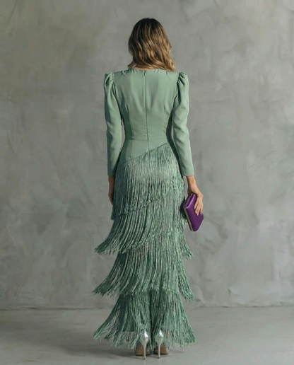 Alessia - Elegant midi dress with fringe sleeves