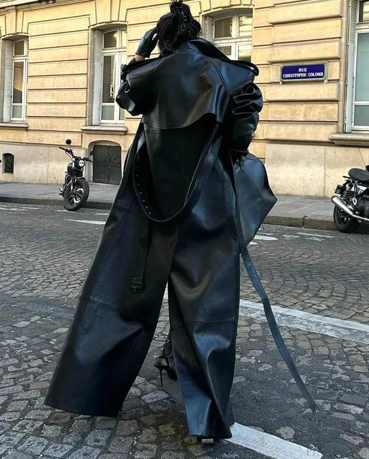 High Slit Black PU Leather Overcoat