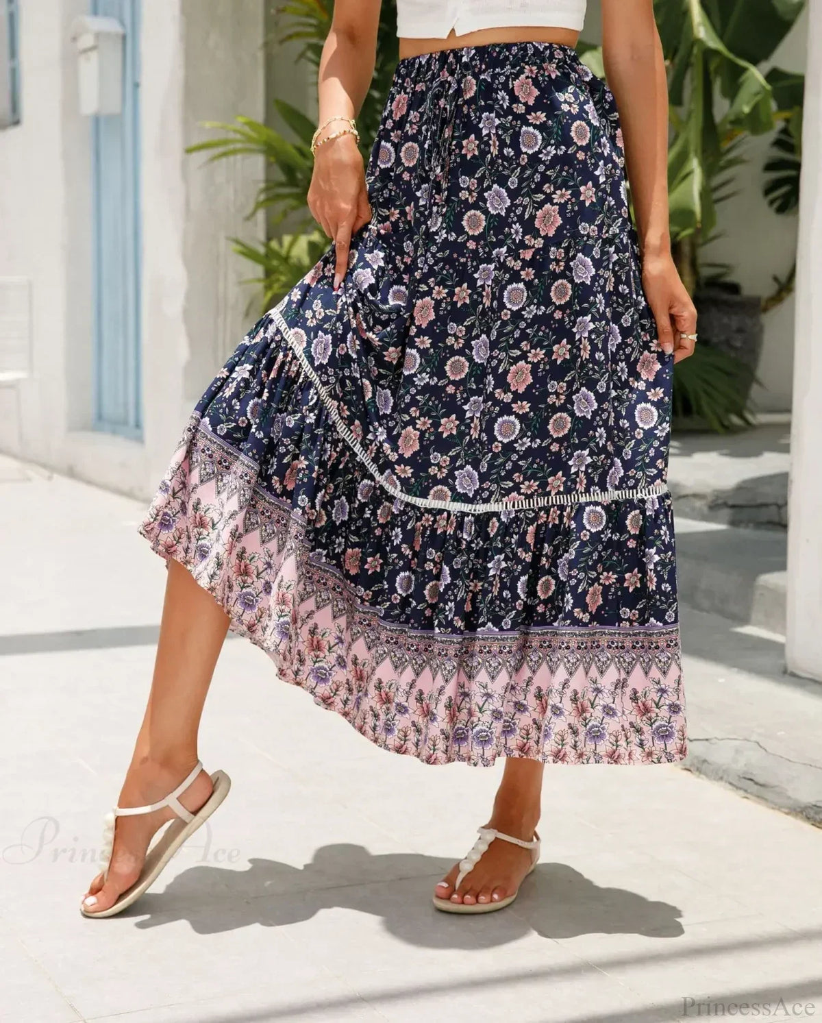 High Waist Floral Beach Skirt A-line Ruffled Lace Holiday Maxi