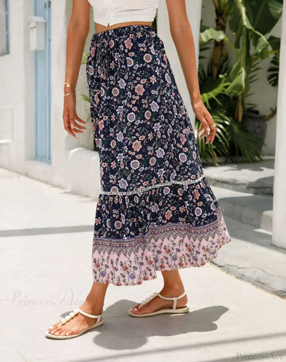 High Waist Floral Beach Skirt A-line Ruffled Lace Holiday Maxi