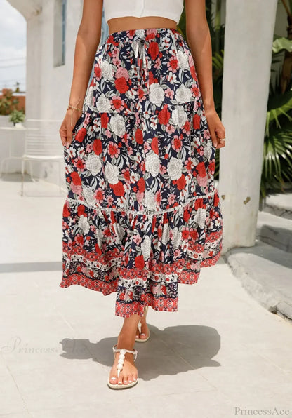 High Waist Floral Beach Skirt A-line Ruffled Lace Holiday Maxi