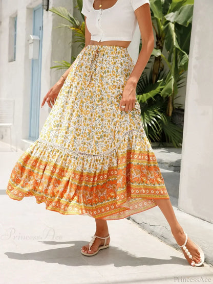 High Waist Floral Beach Skirt A-line Ruffled Lace Holiday Maxi